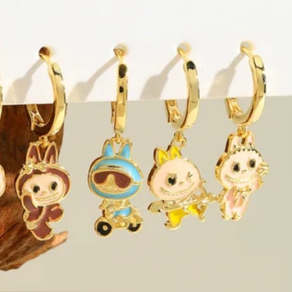 Labubu Inspired 14K Gold Plated Inspired At Play Theme Earrings Huggie Hoop - Picture 7 of 8